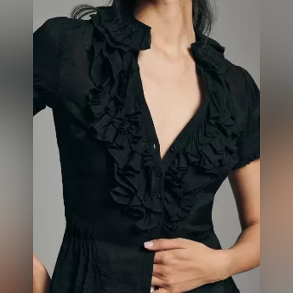 Anthropologie Black Ruffled Short Sleeve Blouse - Picture 1 of 5